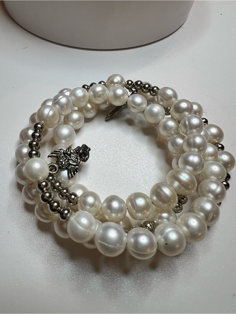 Elegant White Pearl Memory Wire Strand Bracelet with Charms